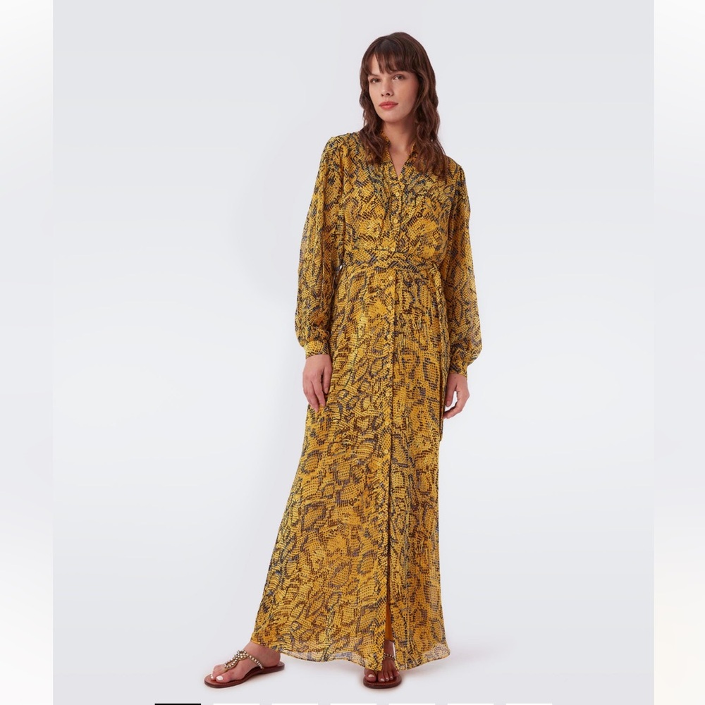 Diane Von Furstenberg Snakeskin Ruffled Long Sleeve Tiered Wrap Dress DVF